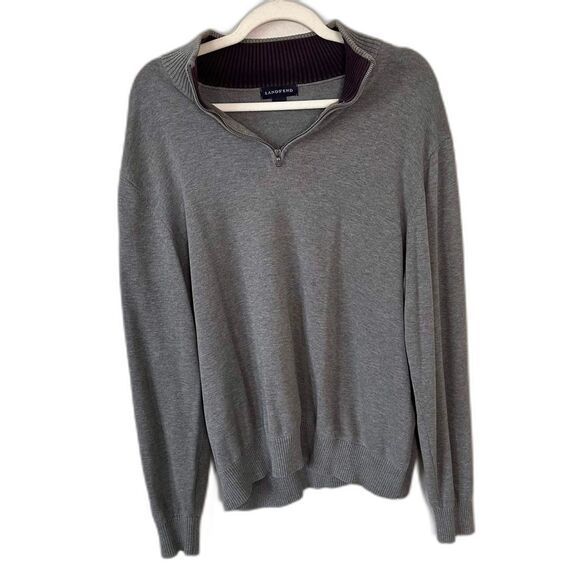 Lands' End Other - Lands' End Mens L Supima Cotton Quarter Zip Sweater Gray Plum Contrast Collar